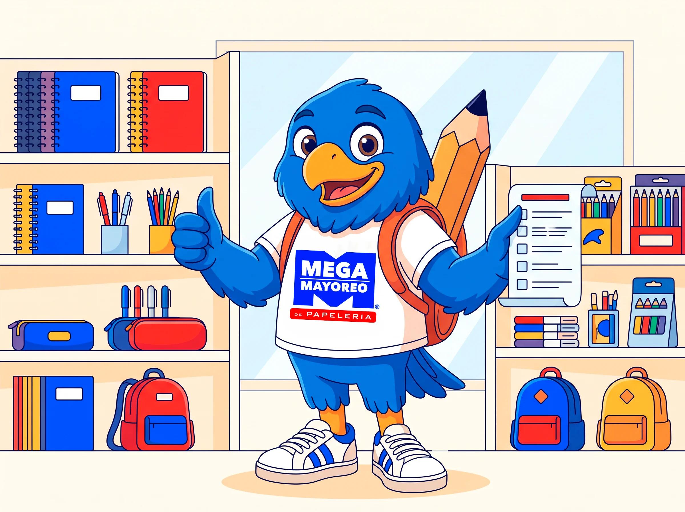 Mayos, el águila mascota de Mega Mayoreo, con mochila y un lápiz gigante, dando pulgar arriba y sosteniendo un checklist escolar frente a anaqueles de papelería